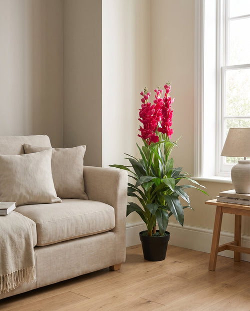 100cm Artificial Cymbidium Orchid Plant - Extra Large - Dark Pink Flowers styled in a room