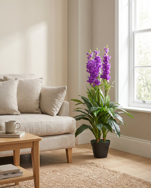 100cm Artificial Cymbidium Orchid Plant - Extra Large - Purple Flowers styled in a room