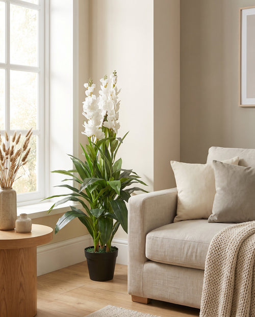 100cm Artificial Cymbidium Orchid Plant - Extra Large - White Flowers styled in a room