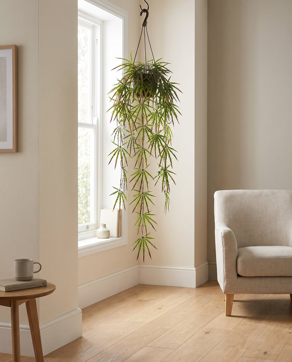 100cm Artificial Hanging Acer Plant styled in a room