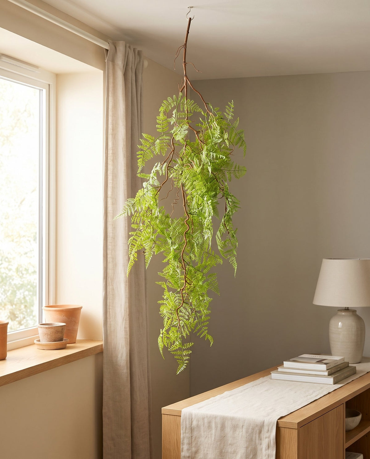 100cm Artificial Hanging Maidenhair Fern Plant Light Green styled in a room