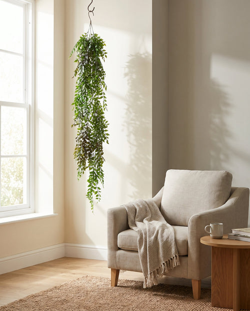 100cm Hanging String of Pearls Fern Plant Dark Green styled in a room