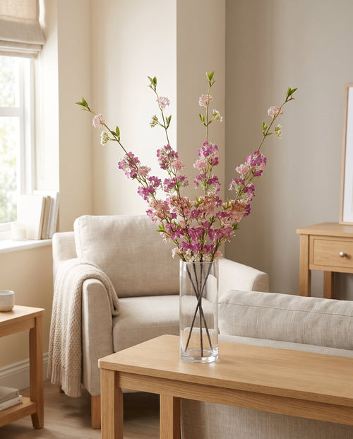 100cm Pink Blossom Spray Stem styled in a room