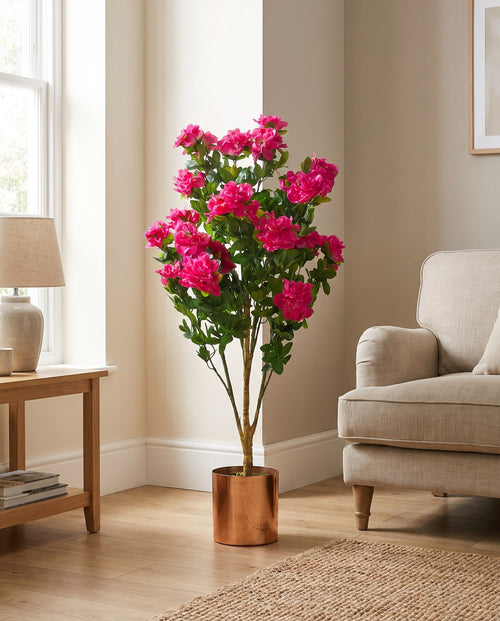 100cm Premium Artificial Azalea Pink Flowers Potted Plant with Copper Metal Planter styled in a room