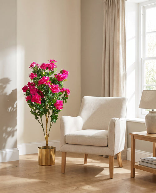 100cm Premium Artificial Azalea Pink Flowers Potted Plant with Gold Metal Planter styled in a room