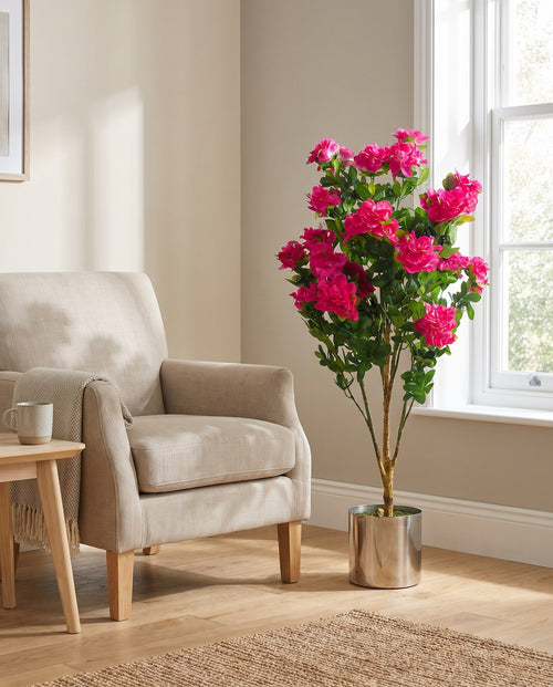 100cm Premium Artificial Azalea Pink Flowers Potted Plant with Silver Metal Planter styled in a room