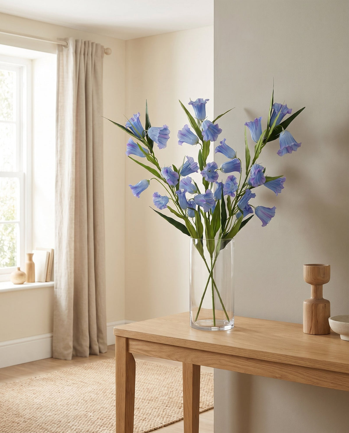 100cm Trumpet Artificial Flower Stem Blue styled in a room