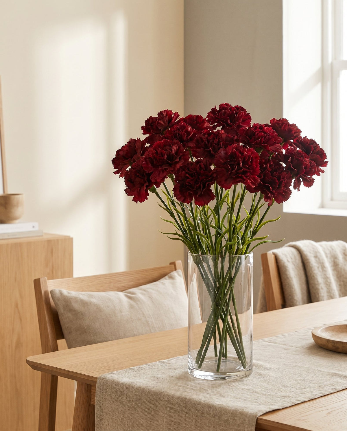 12 x Red Carnation Artificial Flowers styled in a room