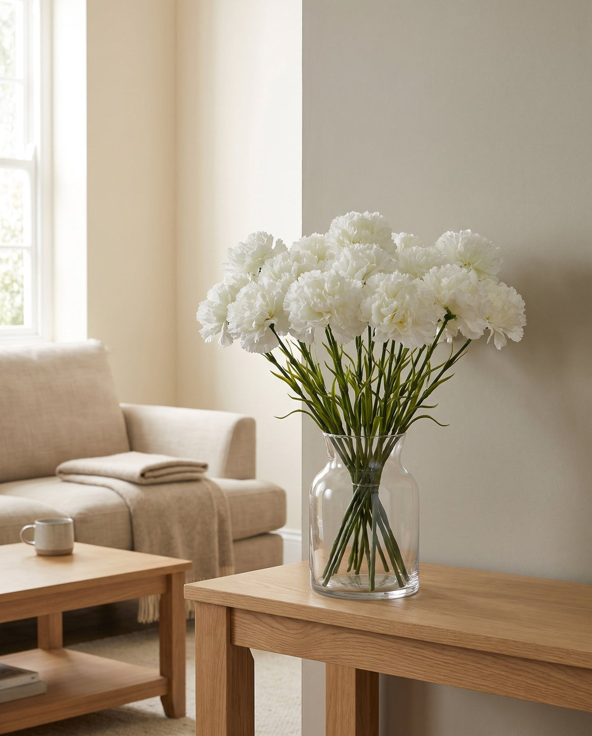 12 x White Carnation Artificial Flowers styled in a room
