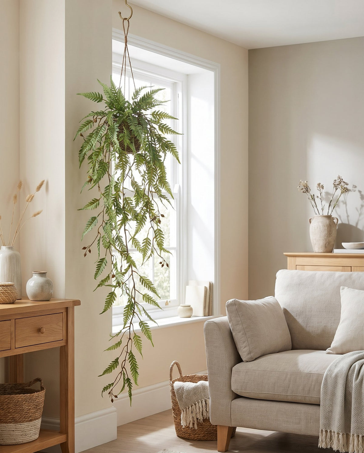 125cm Artificial Hanging Trailing Fern Plant styled in a room