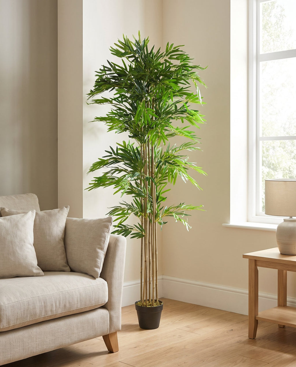 180cm (6ft) Artificial Bamboo Plants Trees - Natural Green XL styled in a room