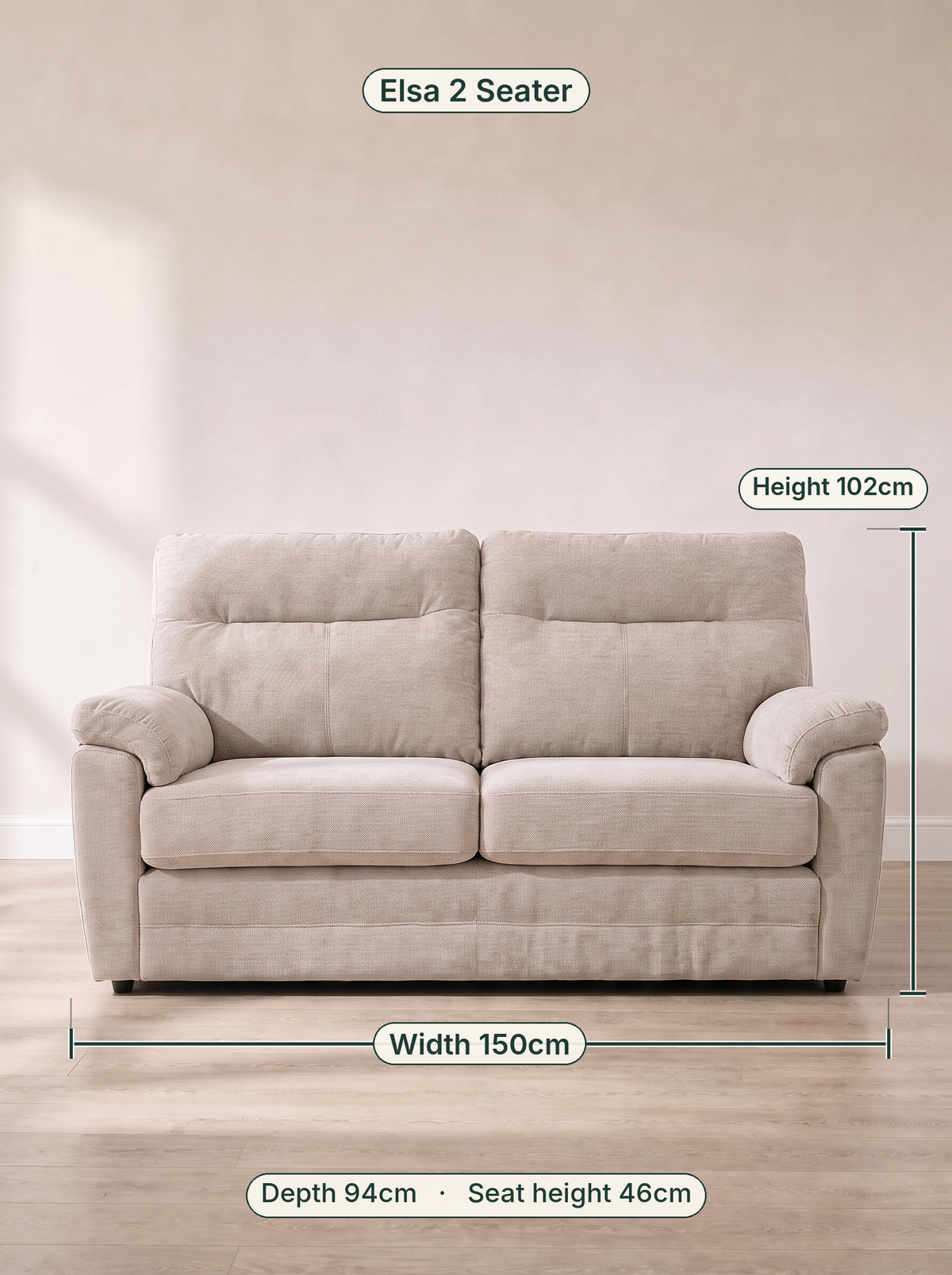 Elsa 2 Seater dimensions: width 150cm, height 102cm, depth 94cm, seat height 46cm