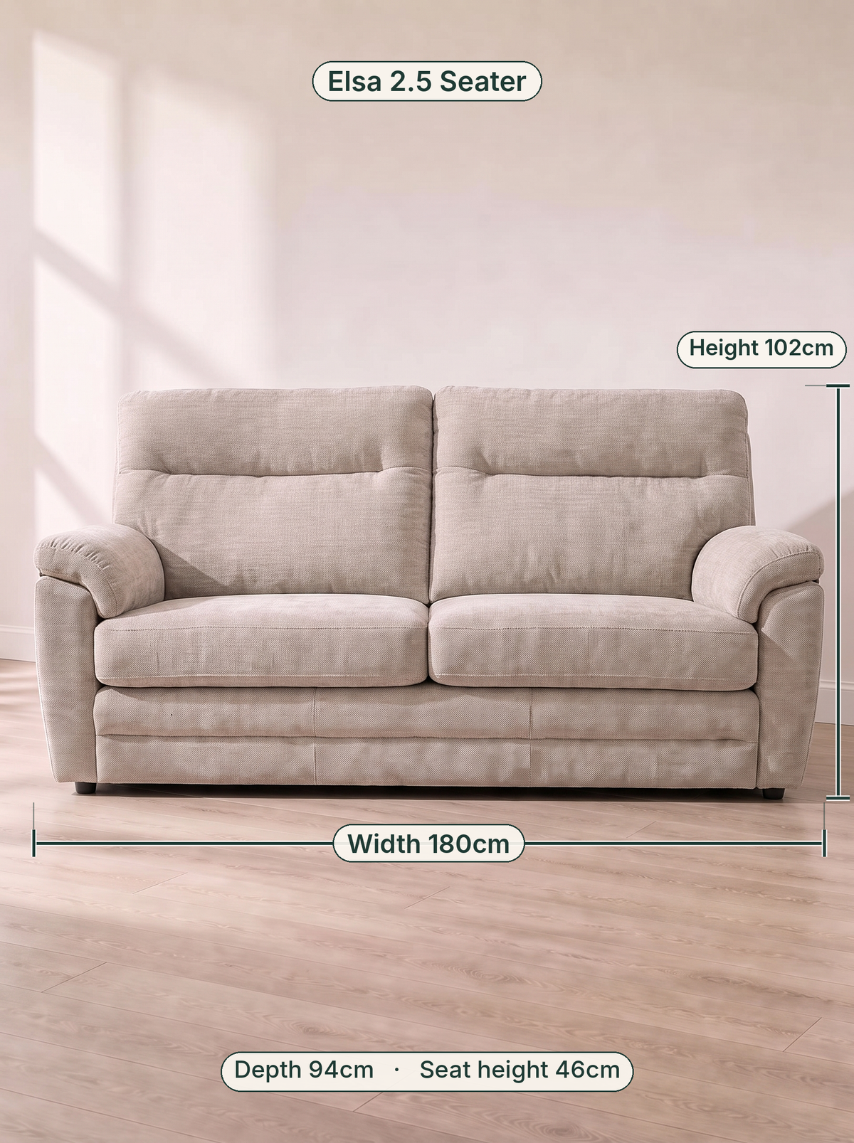 Elsa 2.5 Seater dimensions: width 180cm, height 102cm, depth 94cm, seat height 46cm
