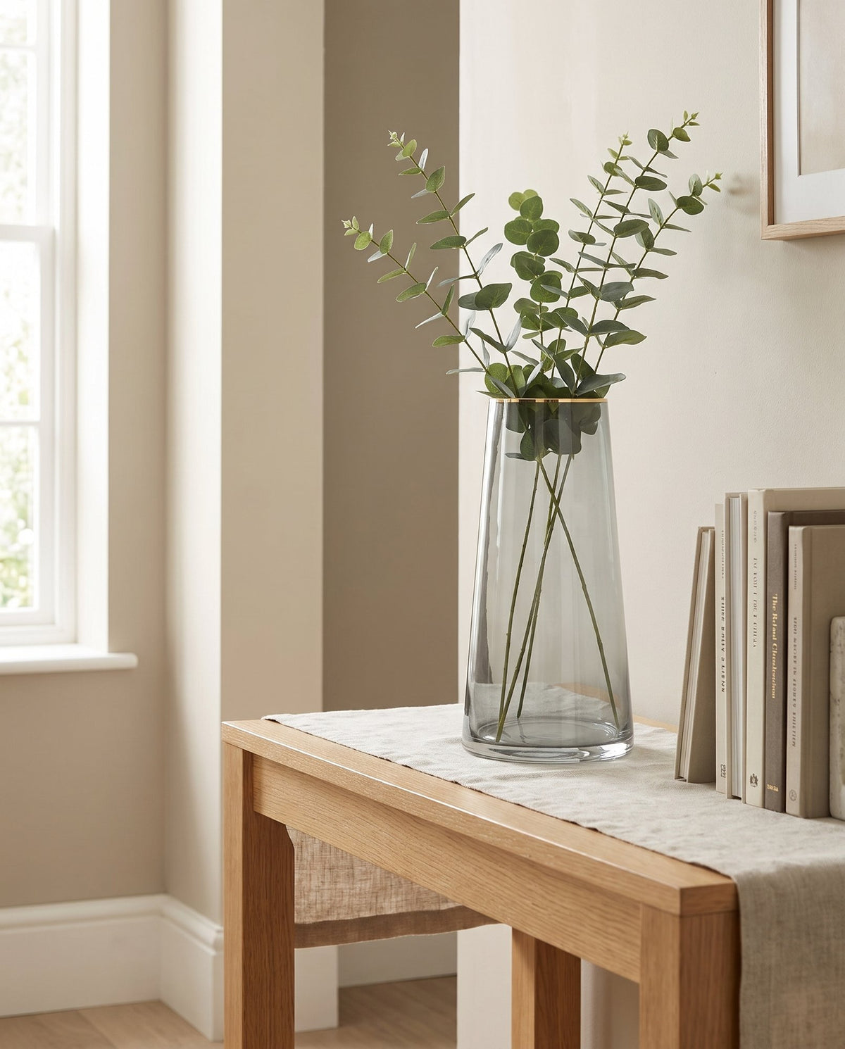 28cm Gold Rim Smoke Grey Glass Vase styled in a room