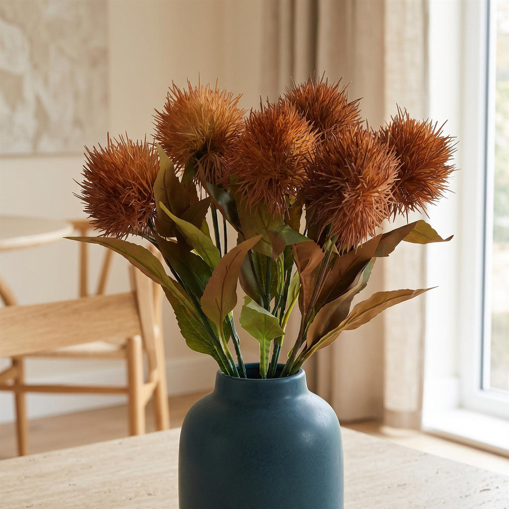 Pack of 6 x 70cm Globe Thistle Yellow Ball Artificial Flower Stem styled in a room