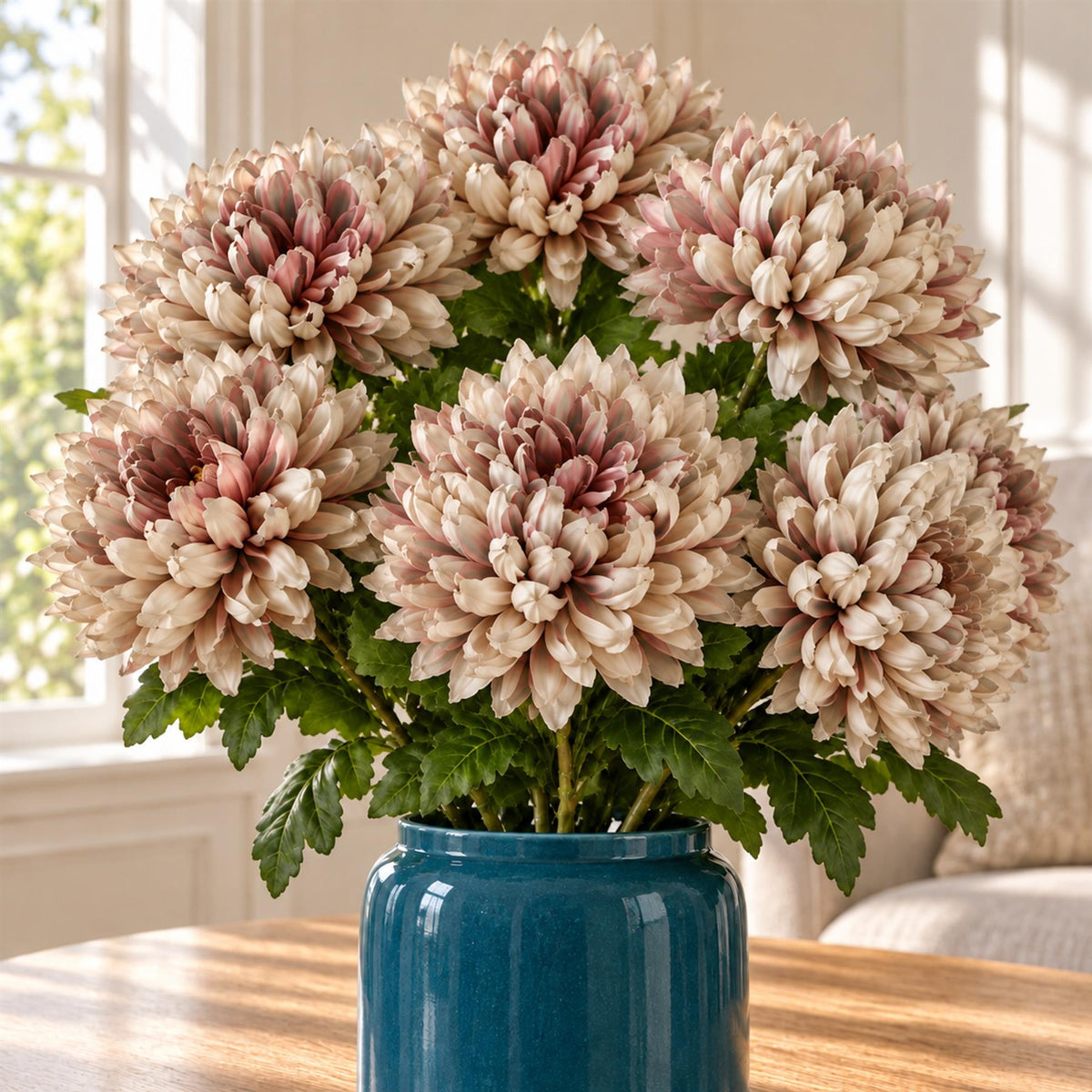Pack of 6 x 75cm Extra Large Reflex Chrysanthemum - Mushroom styled in a room