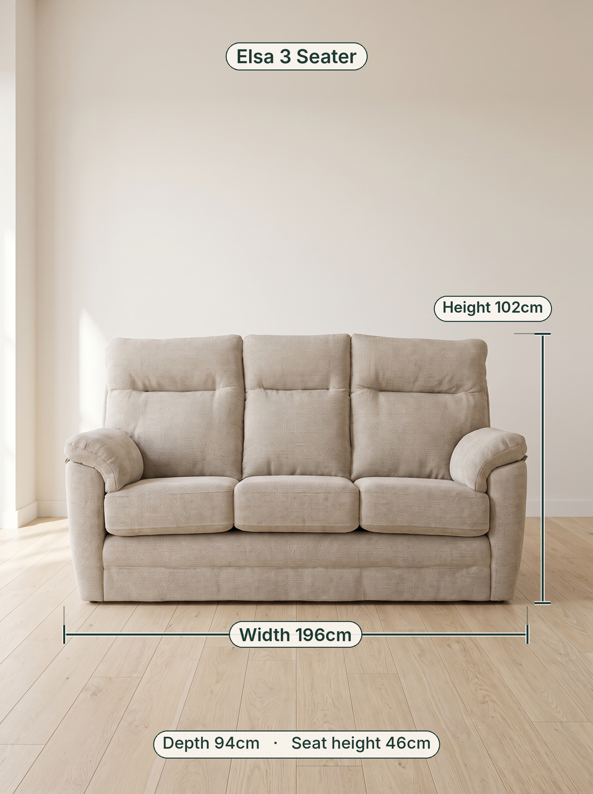 Elsa 3 Seater dimensions: width 196cm, height 102cm, depth 94cm, seat height 46cm