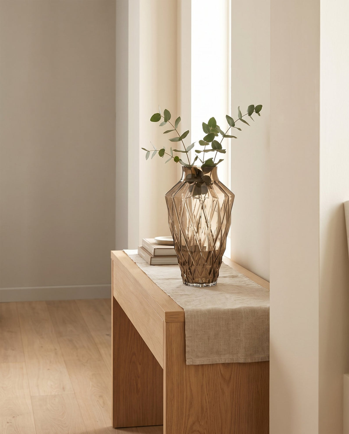 30cm Brown Geometric Glass Vase styled in a room