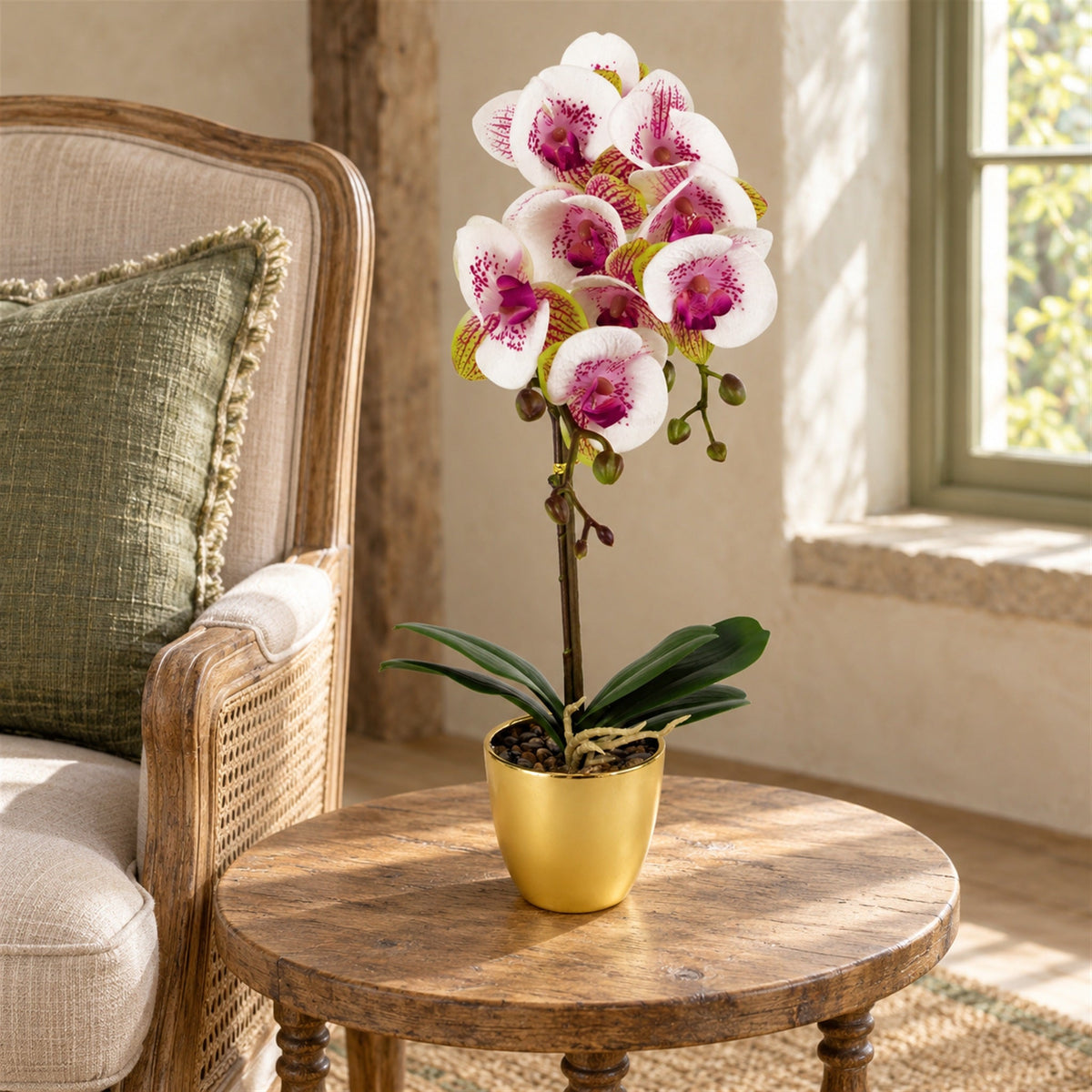 48cm Harlequin Orchid Artificial  - Pink with Gold Pot