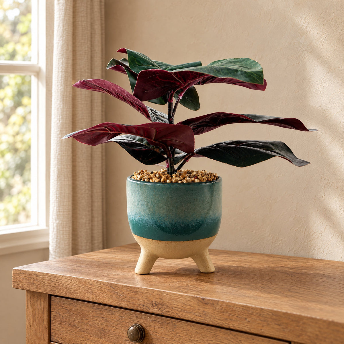 35cm Artificial Ficus Plant with Teal Blue Green Ceramic Planter