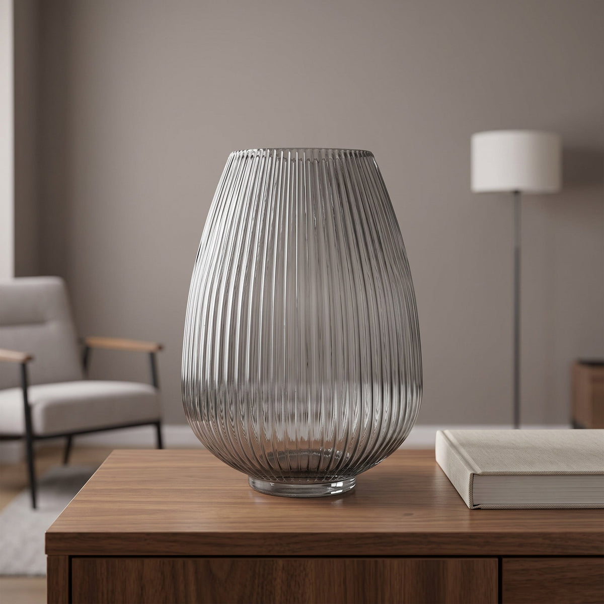 30cm Smoke Grey Ridged Glass Vase