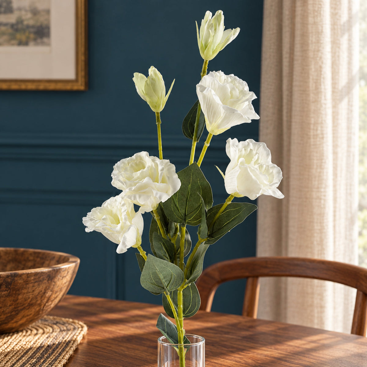 80cm Artificial White Wild Rose Stem - 6 Flowers