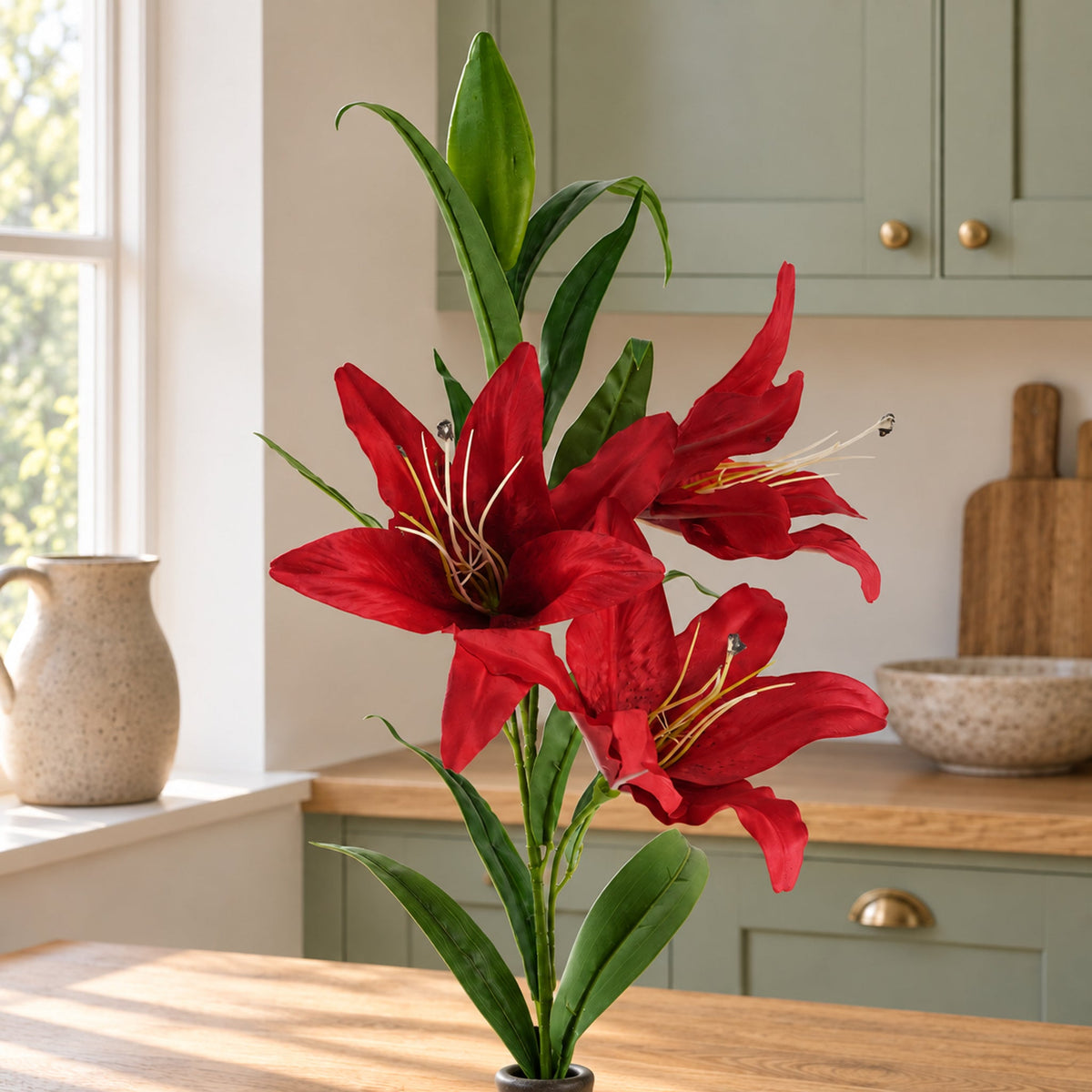 100cm Large Red Lily Stem - 3 Flowers