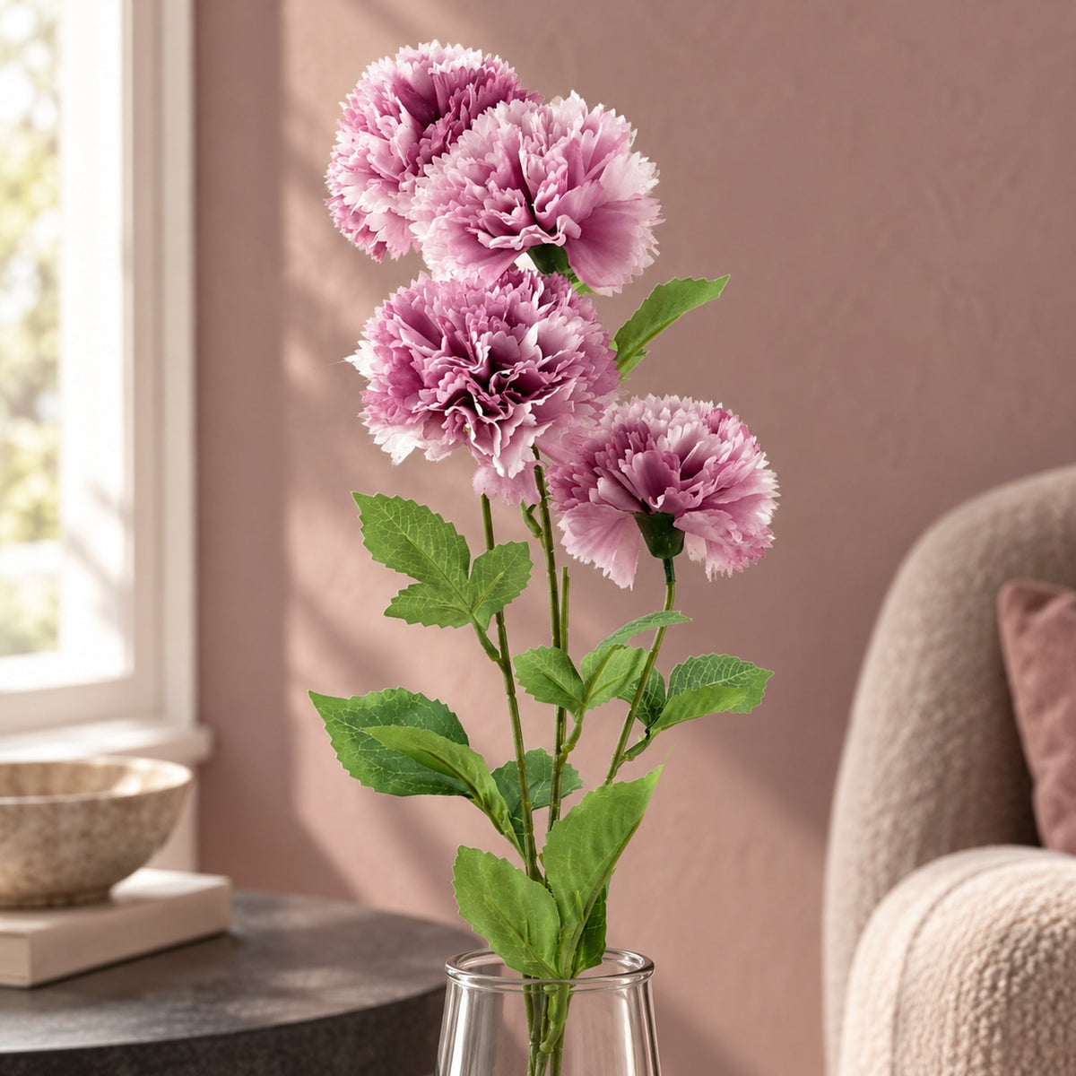 70cm Pink Artificial Carnation Stem - 4 Flowers