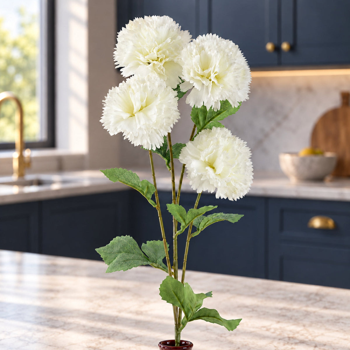 70cm White Artificial Carnation Stem - 4 Flowers