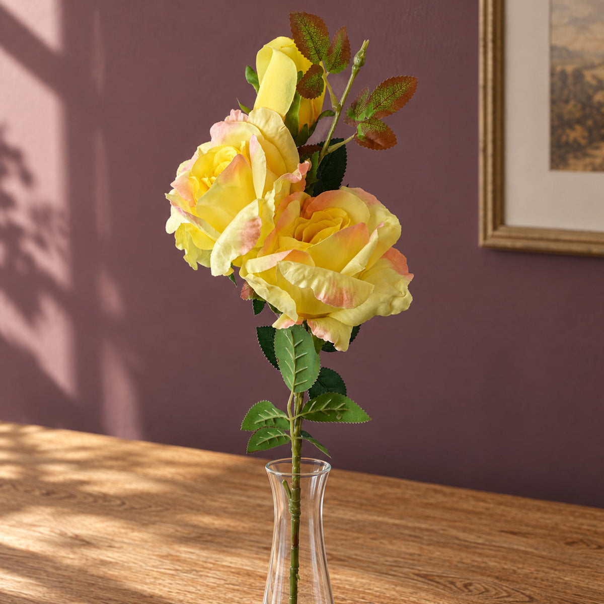 80cm Artificial Yellow Rose Stem - 3 flowers
