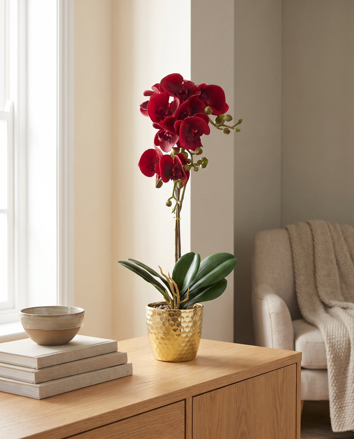 50cm Phalaenopsis Orchid Artificial - Dark Red - Gold Pot styled in a room