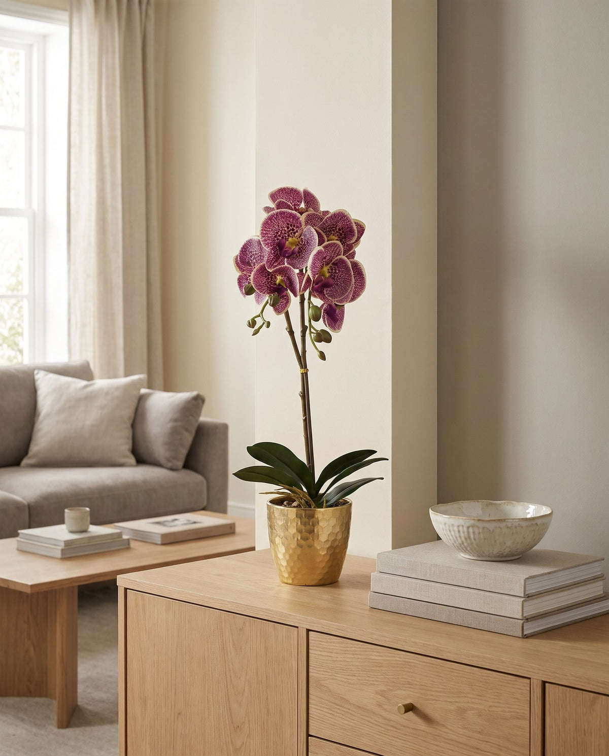 50cm Phalaenopsis Orchid Artificial - Purple Leopard - Gold Pot styled in a room