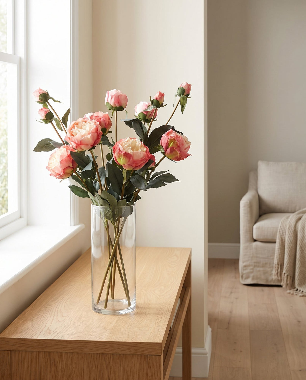 55cm Pink Peony Artificial Flowers Spray styled in a room