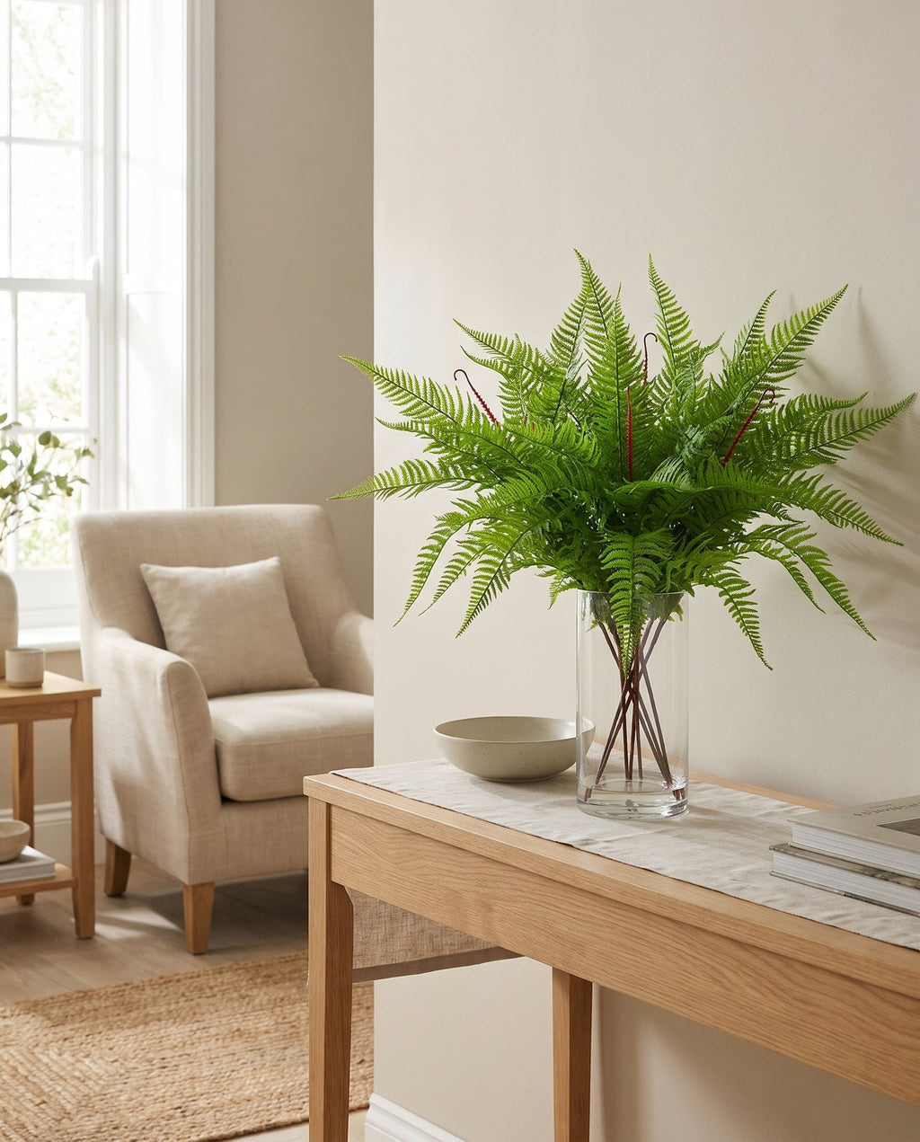 6 x 60cm Artificial Bushy Dixie Wood Fern Dark Green Plant styled in a room