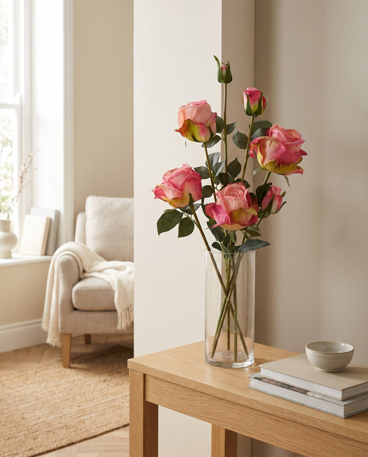 60cm Pink Rose Artificial Flowers Spray styled in a room