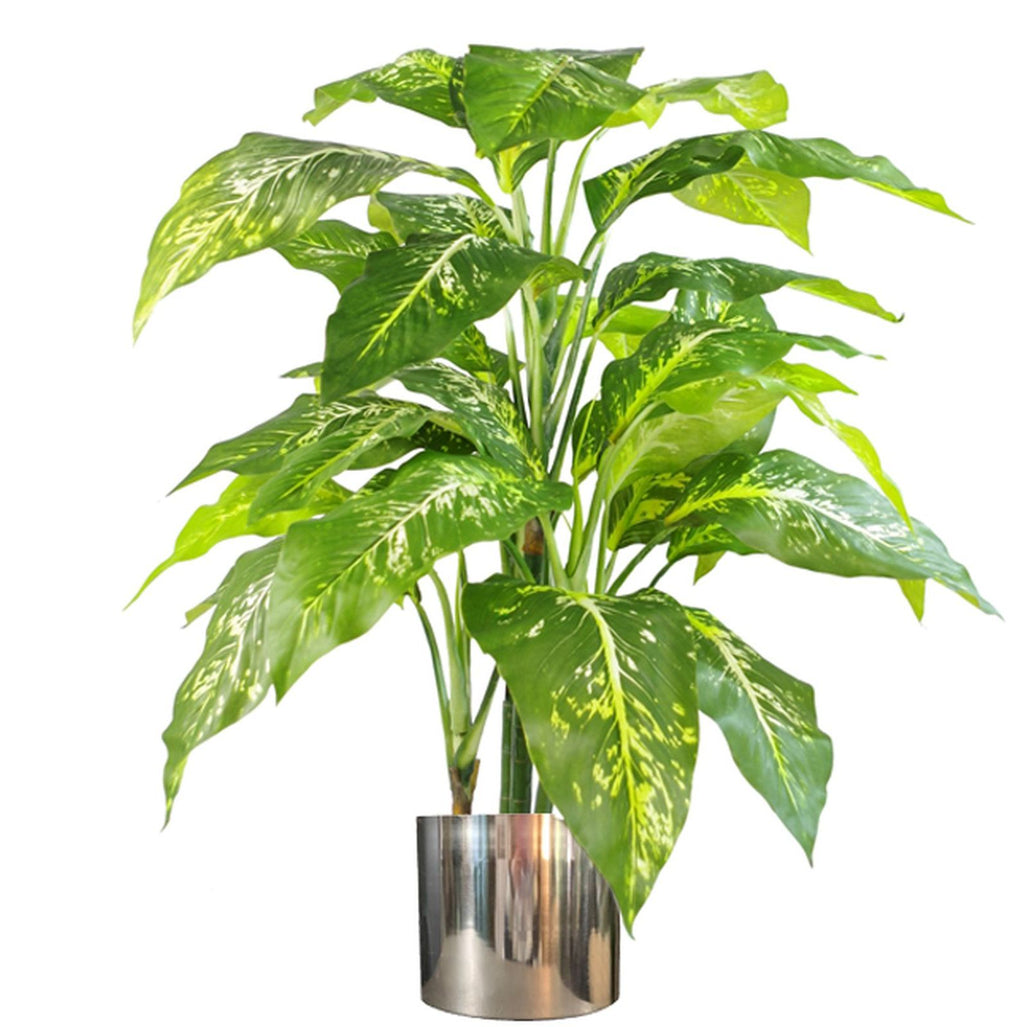 100cm Large Fox's Aglaonema (Spotted Evergreen) Tree Artificial Plant with Silver Metal Planter