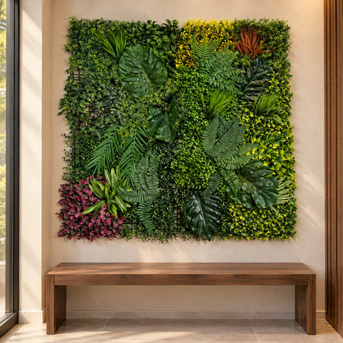 100cm Artificial Tropical Mixed Green Wall Panel with Monstera and Fern Foliage