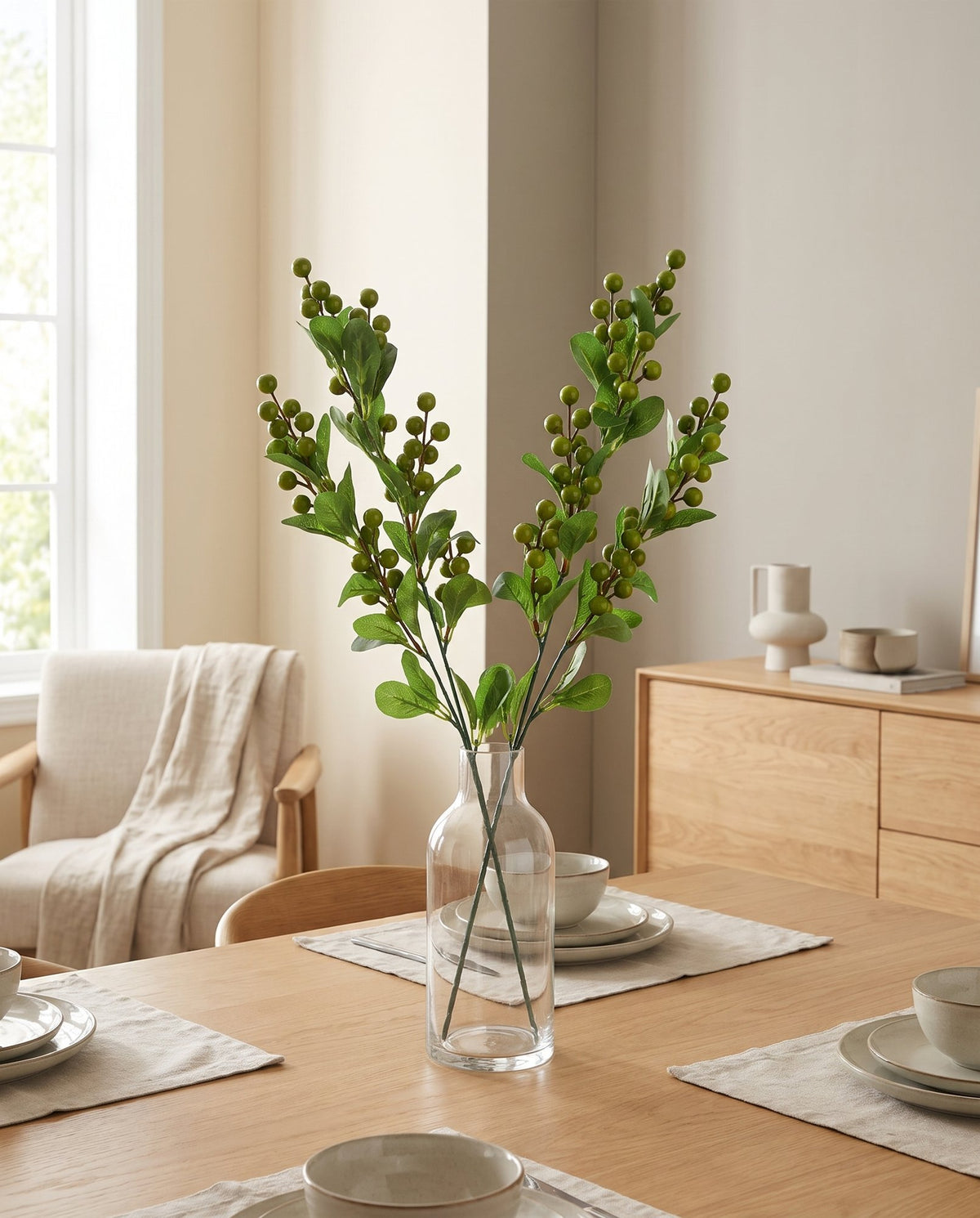 70cm Artificial Green Berry Spray styled in a room