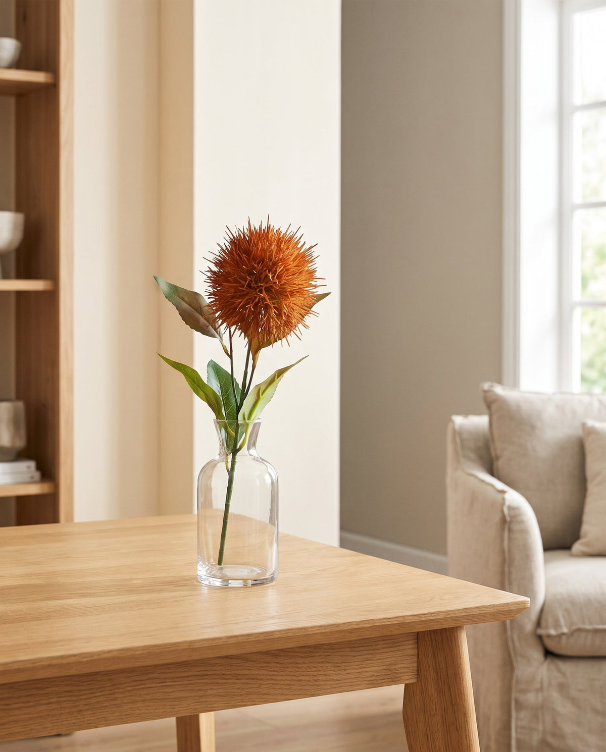 70cm Globe Thistle Yellow Ball Artificial Flower Stem styled in a room