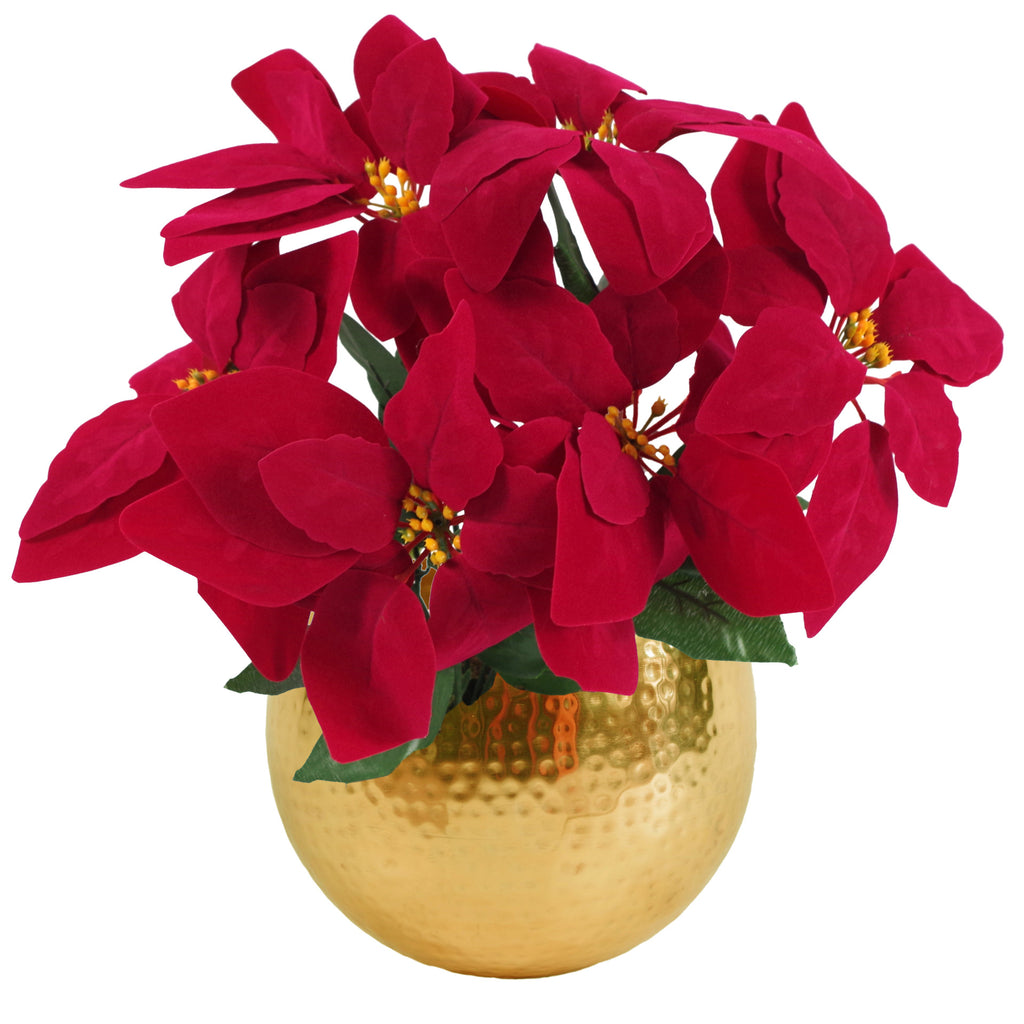 Artificial Christmas Xmas Red Poinsettia 40cm Gold Curved  Metal Planter