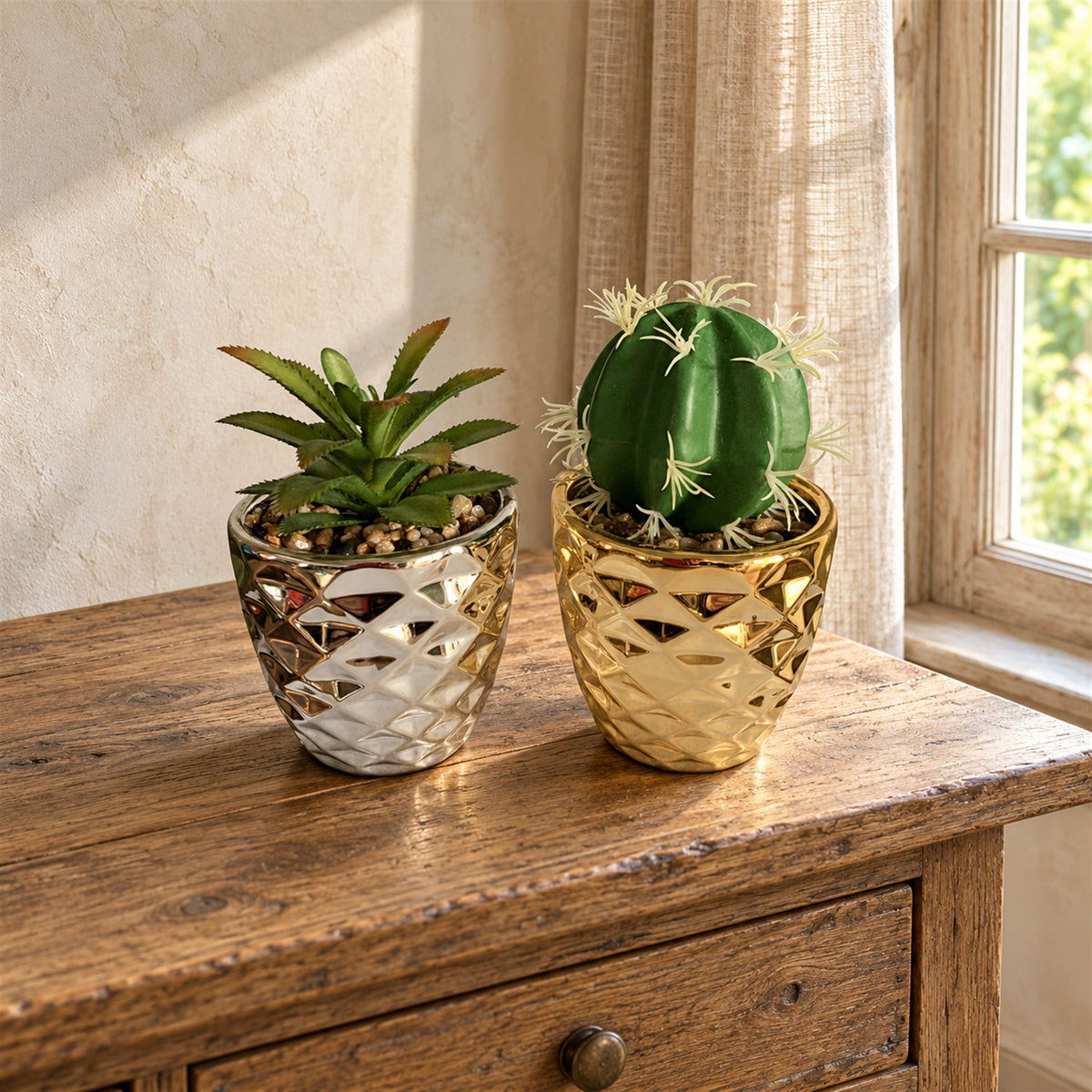 15cm Set of Two Silver and Gold Ceramic Planters with Artificial Cactus and Dracaena
