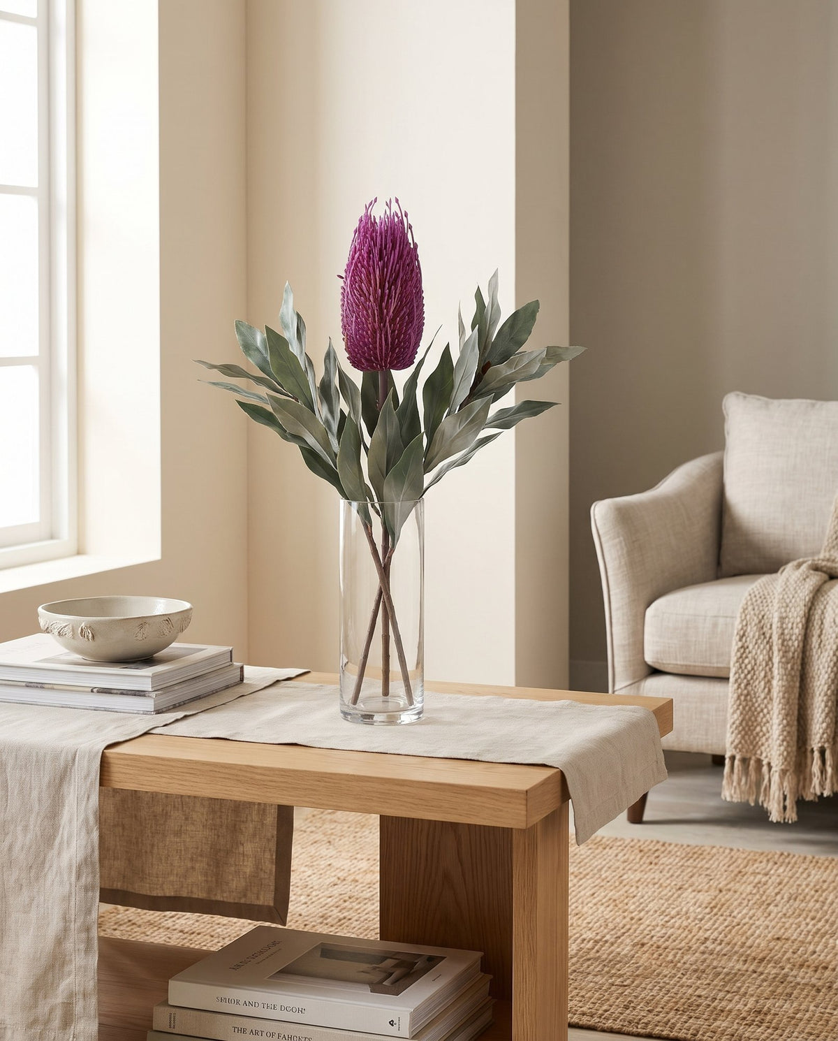 75cm Banksia Menziesii Pink Flower Stem Artificial styled in a room
