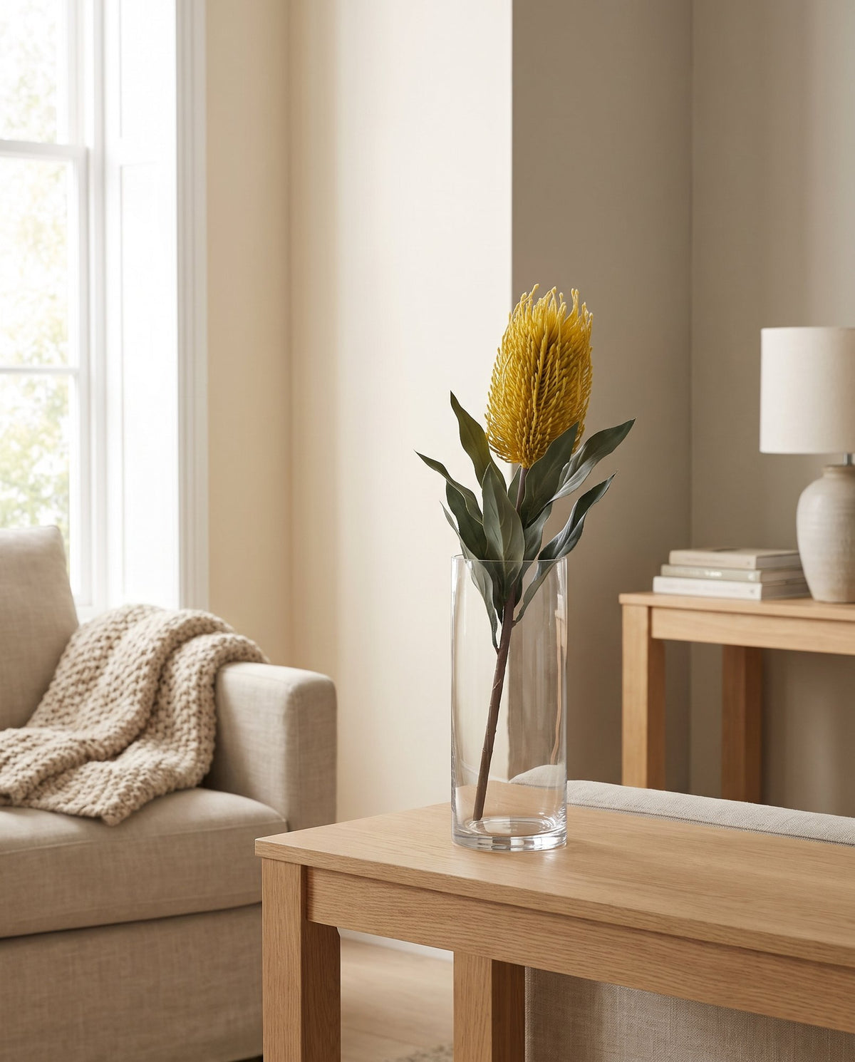 75cm Banksia Menziesii Yellow Flower Stem Artificial styled in a room