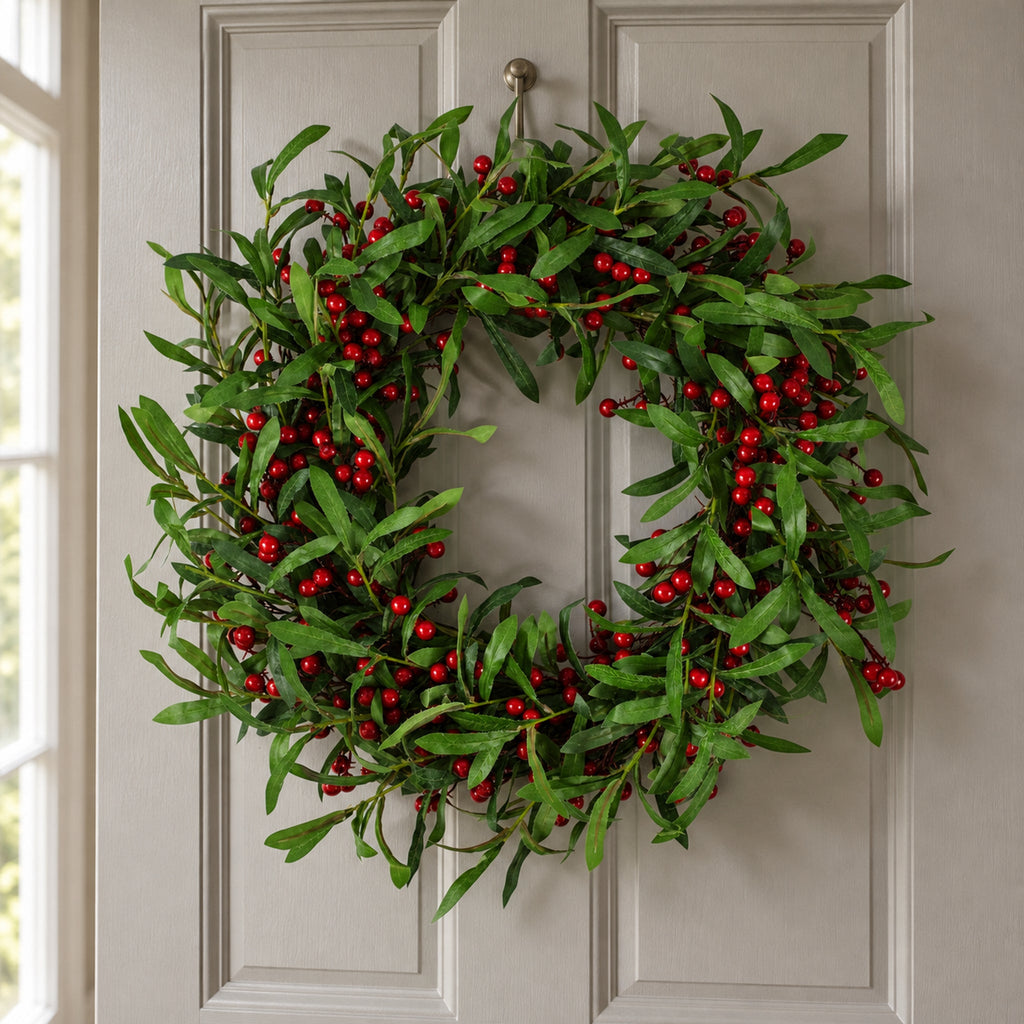 60cm (24") Large Luxury Christmas Mistletoe Leaf and Red Berry Floristry Wreath