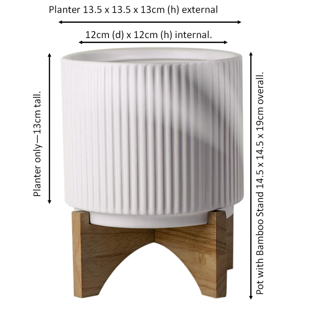 White Ribbed Ceramic Plant Pot with Bamboo Stand 14.5 x 14.5 x 19cm