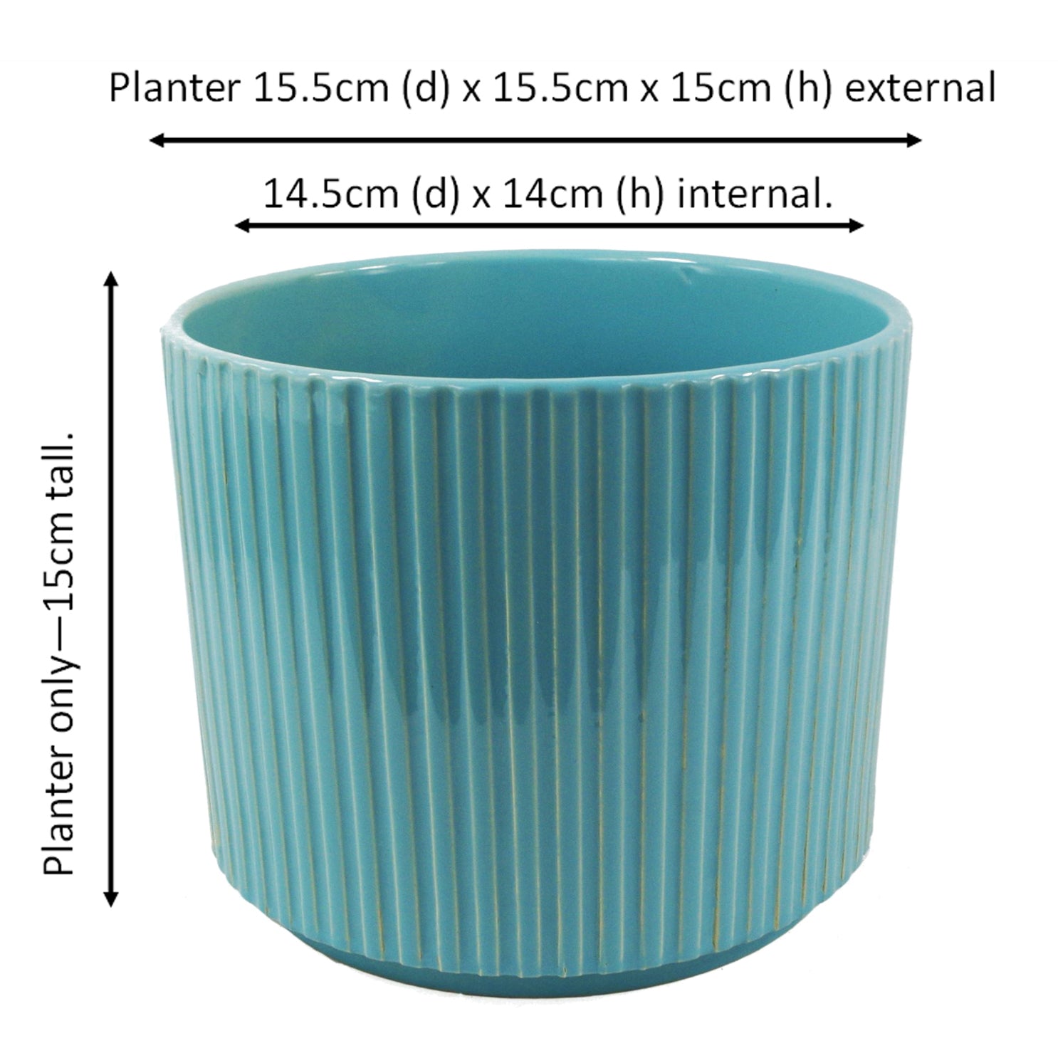 Turquoise Blue Ribbed Ceramic Plant Pot 16 x 16 x 15cm