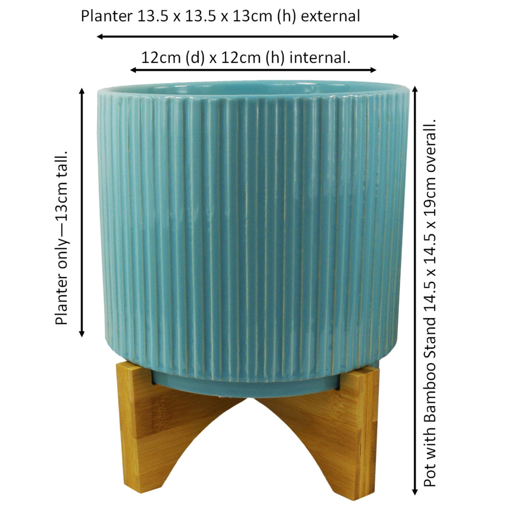 Turquoise Blue Ribbed Ceramic Planter Plant Pot with Bamboo Stand 14.5 x 14.5 x 19cm