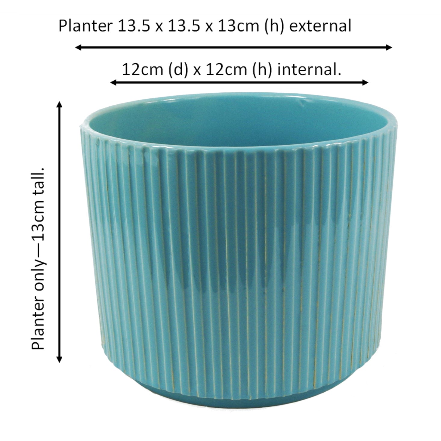Turquoise Blue Ribbed Ceramic Planter Plant Pot 13.5 x 13.5 x 13cm