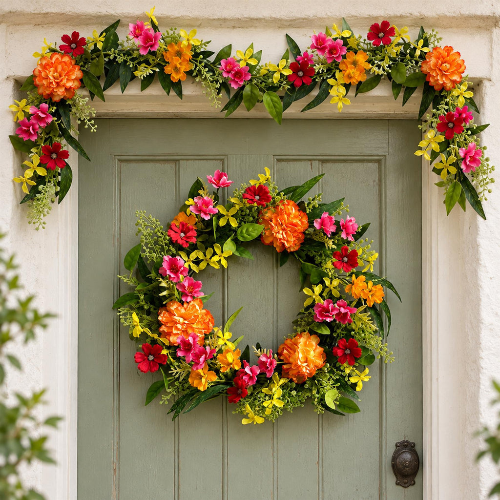 50cm Artificial Bright Spring Flower Wreath and 140cm Garland Set