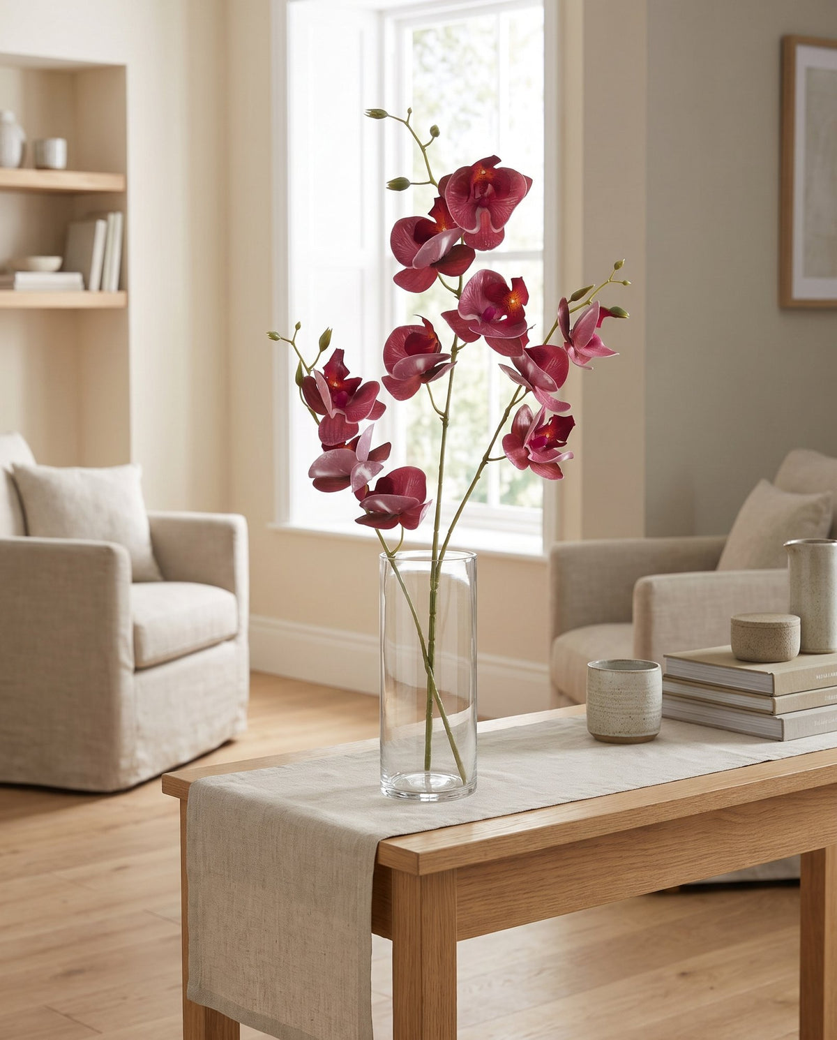 80cm Dark Pink Artificial Mini Orchid Stem styled in a room